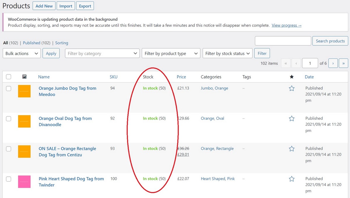 Imported WooCommerce product data