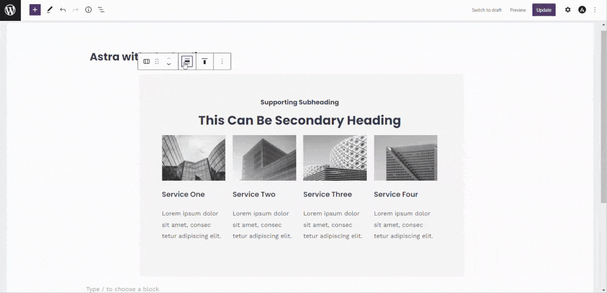 Astra modifier la mise en page de la page sur l'éditeur de blocs