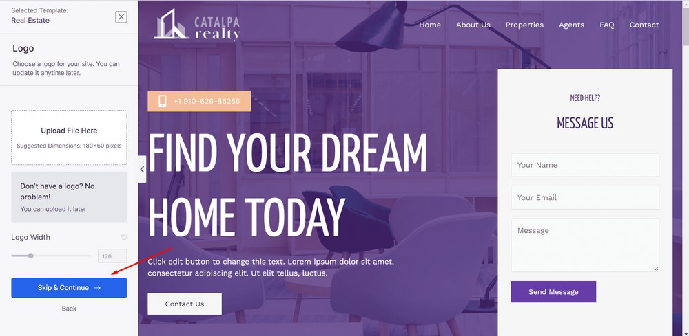 upload your website logo and hit the "skip and continue" button